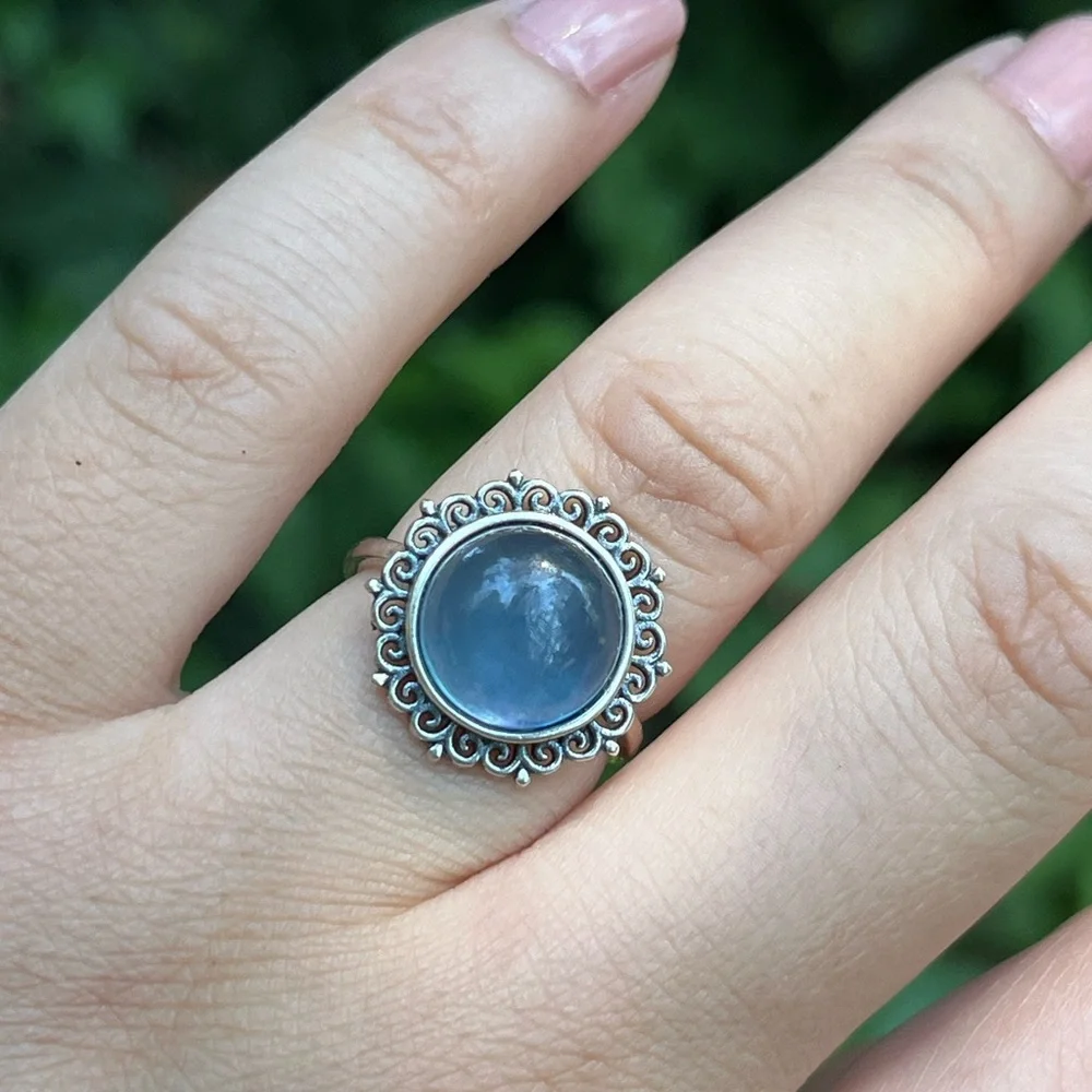 Sterling silver 925‎ stamped adjustable round aquamarine ring 0131
